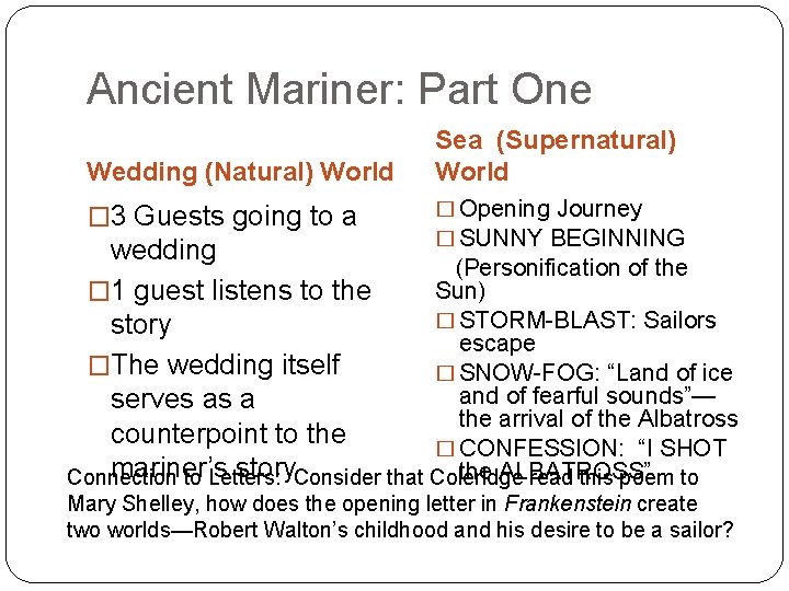 Ancient Mariner: Part One Wedding (Natural) World � 3 Guests going to a Sea