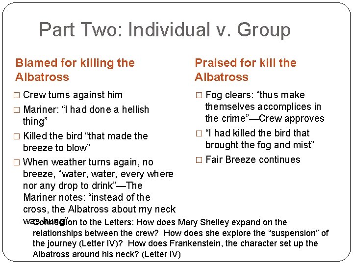Part Two: Individual v. Group Blamed for killing the Albatross Praised for kill the