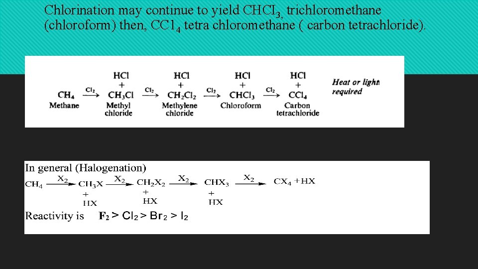 Chlorination may continue to yield CHCI 3, trichloromethane (chloroform) then, CC 14 tetra chloromethane