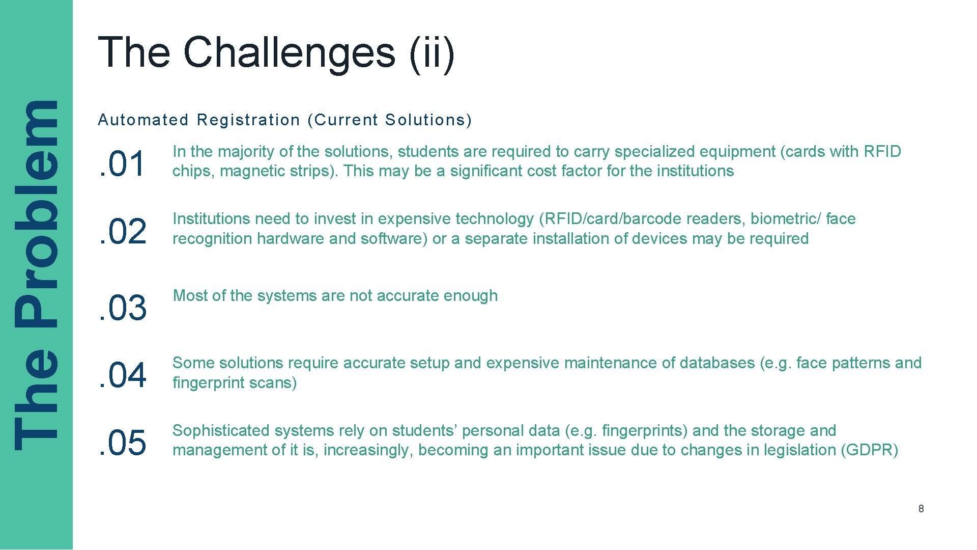 The Problem The Challenges (ii) Automated Registration (Current Solutions) . 01 In the majority