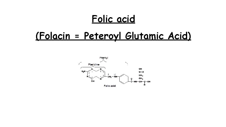 Folic acid (Folacin = Peteroyl Glutamic Acid) 