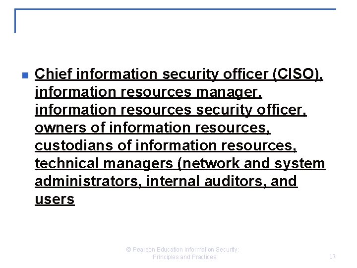 n Chief information security officer (CISO), information resources manager, information resources security officer, owners