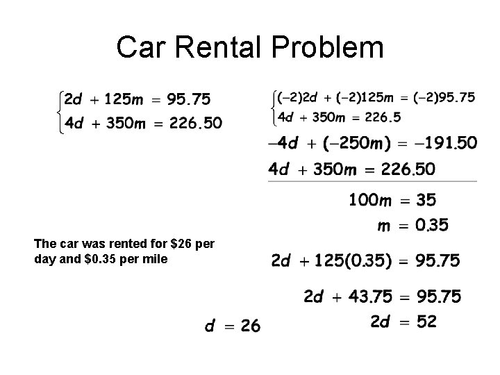 Car Rental Problem The car was rented for $26 per day and $0. 35