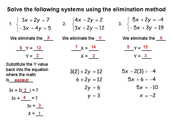 Solve the following systems using the elimination method 1. 2. X We eliminate the