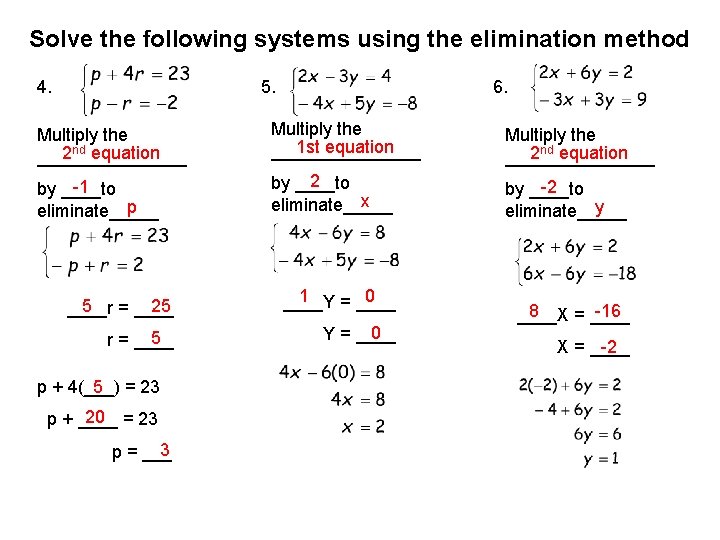 Solve the following systems using the elimination method 4. 5. 6. Multiply the 2