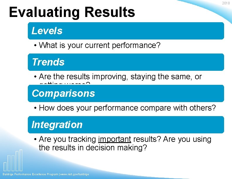Evaluating Results Levels • What is your current performance? Trends • Are the results