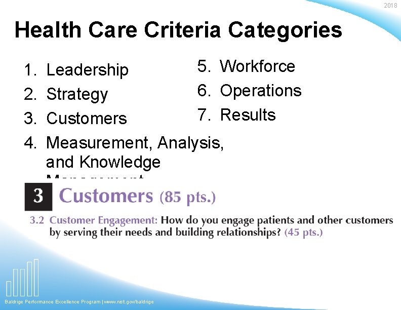 2018 Health Care Criteria Categories 1. 2. 3. 4. 5. Workforce Leadership 6. Operations