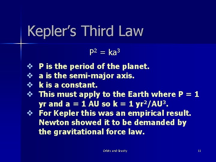 Kepler’s Third Law P 2 = ka 3 P is the period of the