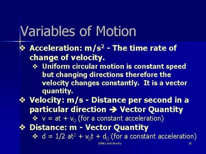 Variables of Motion v Acceleration: m/s 2 - The time rate of change of