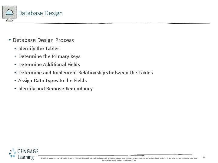 Database Design • Database Design Process • • • Identify the Tables Determine the