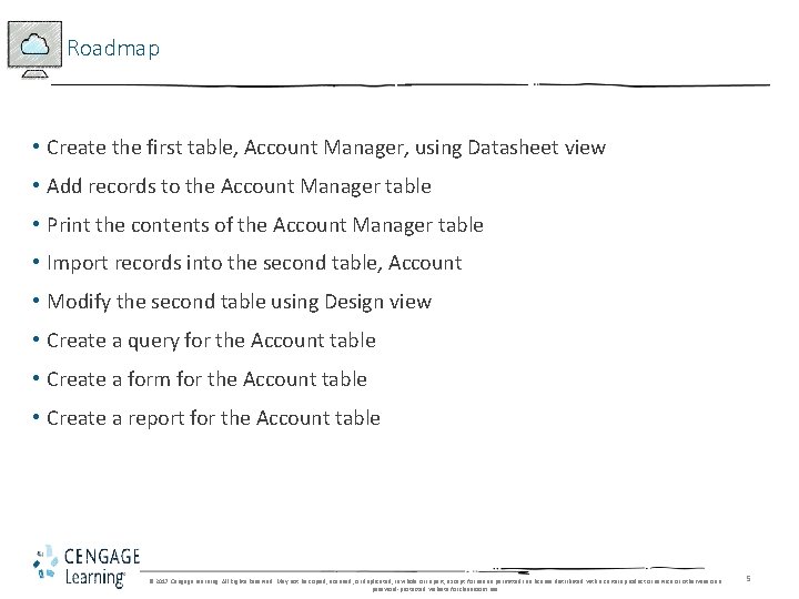 Roadmap • Create the first table, Account Manager, using Datasheet view • Add records