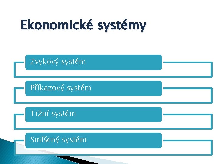 Ekonomické systémy Zvykový systém Příkazový systém Tržní systém Smíšený systém 