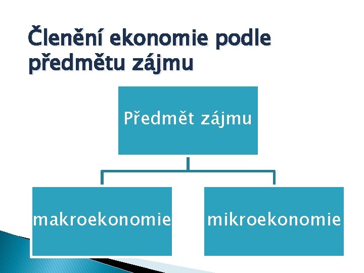 Členění ekonomie podle předmětu zájmu Předmět zájmu makroekonomie mikroekonomie 