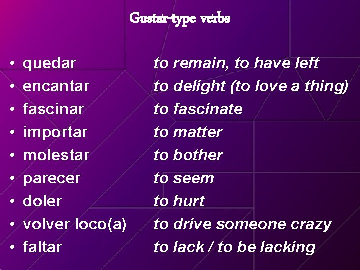 Gustar-type verbs • • • quedar encantar fascinar importar molestar parecer doler volver loco(a)