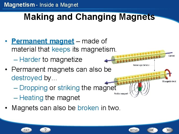 Magnetism - Inside a Magnet Making and Changing Magnets • Permanent magnet – made
