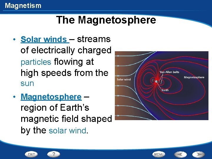 Magnetism The Magnetosphere • Solar winds – streams of electrically charged particles flowing at