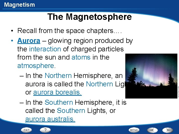 Magnetism The Magnetosphere • Recall from the space chapters…. • Aurora – glowing region