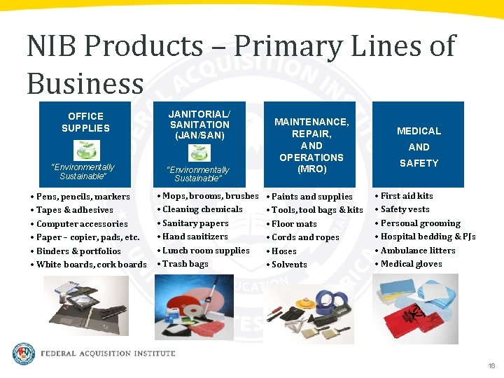 NIB Products – Primary Lines of Business OFFICE SUPPLIES “Environmentally Sustainable” • Pens, pencils,