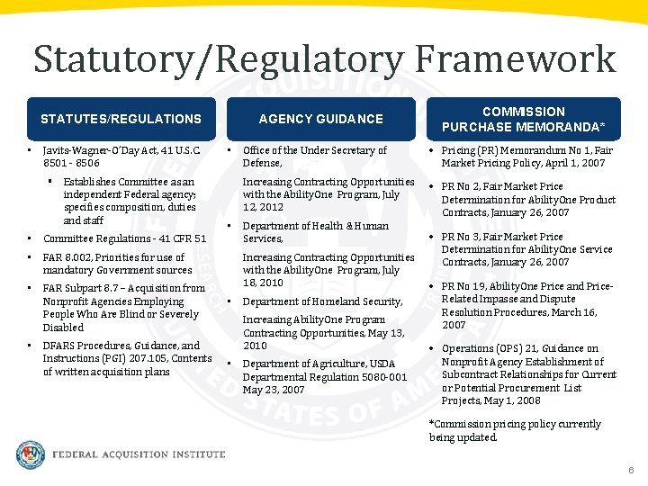 Statutory/Regulatory Framework STATUTES/REGULATIONS AGENCY GUIDANCE • Javits-Wagner-O’Day Act, 41 U. S. C. • Office
