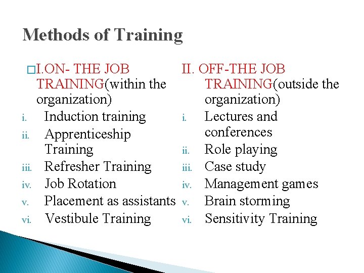 Methods of Training � I. ON- THE JOB II. OFF-THE JOB TRAINING(within the TRAINING(outside