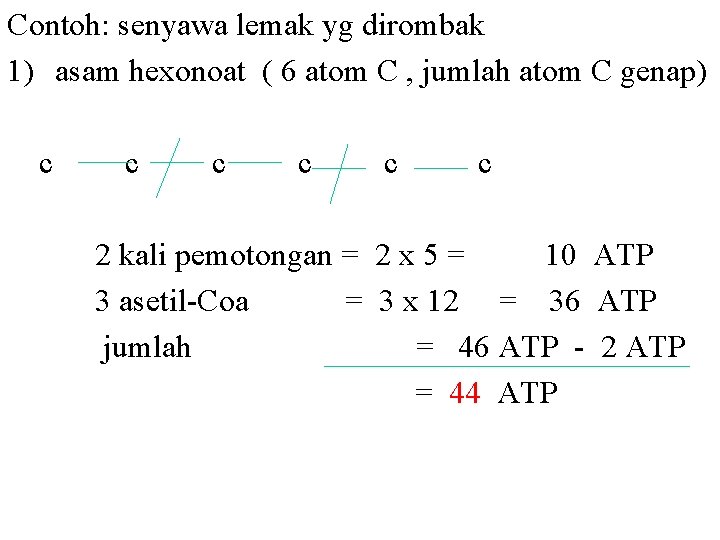 Contoh: senyawa lemak yg dirombak 1) asam hexonoat ( 6 atom C , jumlah