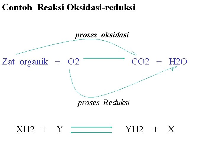 Contoh Reaksi Oksidasi-reduksi proses oksidasi Zat organik + O 2 CO 2 + H