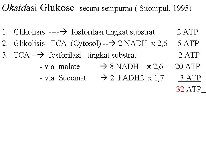 Oksidasi Glukose secara sempurna ( Sitompul, 1995) 1. Glikolisis ---- fosforilasi tingkat substrat 2