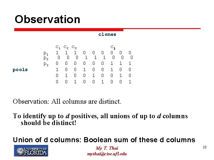 Observation clones pools p 1 p 2 p 3 c 1 1 0 0