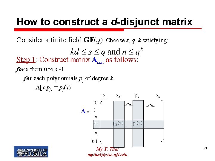 How to construct a d-disjunct matrix Consider a finite field GF(q). Choose s, q,