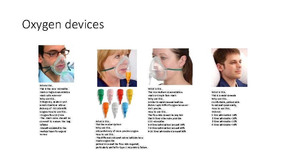 Oxygen devices Whats this… This is the non- rebreathe mask or high concentration mask