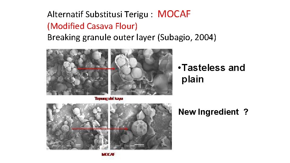 Alternatif Substitusi Terigu : MOCAF (Modified Casava Flour) Breaking granule outer layer (Subagio, 2004)