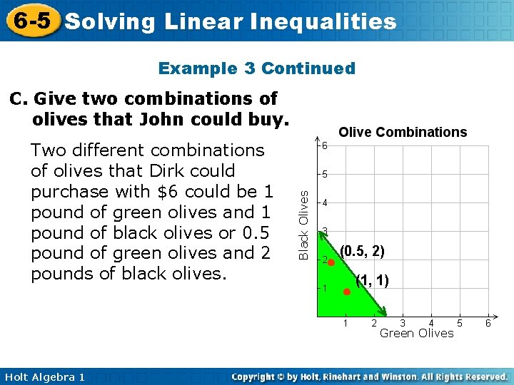 6 -5 Solving Linear Inequalities Example 3 Continued Two different combinations of olives that