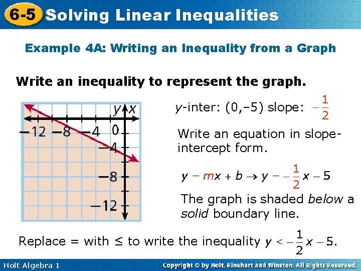 6 -5 Solving Linear Inequalities Example 4 A: Writing an Inequality from a Graph