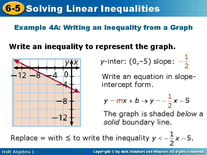 6 -5 Solving Linear Inequalities Example 4 A: Writing an Inequality from a Graph