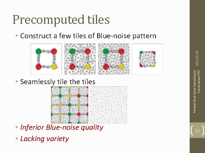 Precomputed tiles • Seamlessly tile the tiles • Inferior Blue-noise quality • Lacking variety