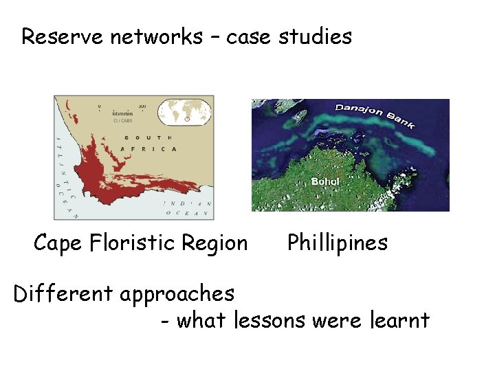 Reserve networks – case studies Cape Floristic Region Phillipines Different approaches - what lessons