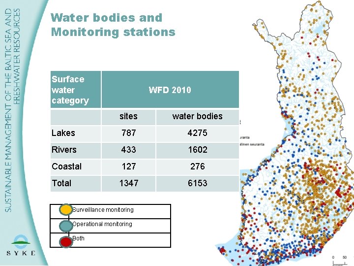 Water bodies and Monitoring stations Surface water category WFD 2010 sites water bodies Lakes