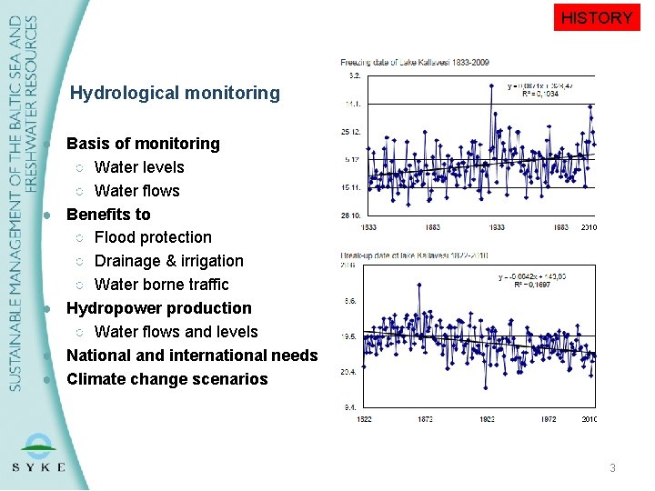 HISTORY Hydrological monitoring ● Basis of monitoring ○ Water levels ○ Water flows ●