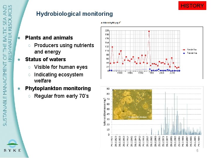 HISTORY Hydrobiological monitoring ● Plants and animals ○ Producers using nutrients and energy ●