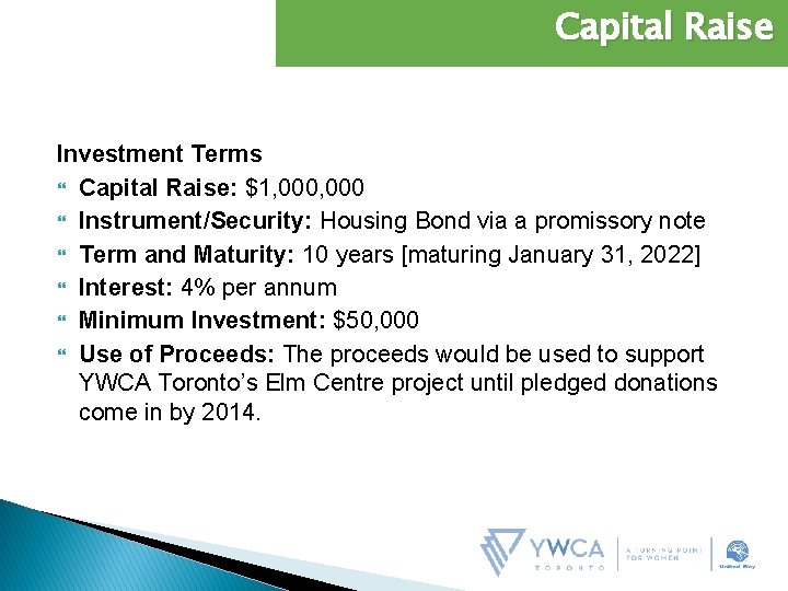 Capital Raise Investment Terms Capital Raise: $1, 000 Instrument/Security: Housing Bond via a promissory