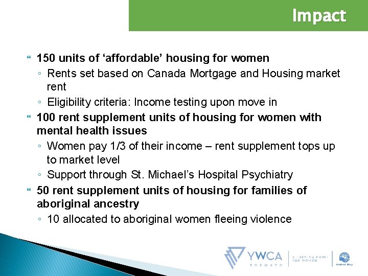 Impact 150 units of ‘affordable’ housing for women ◦ Rents set based on Canada