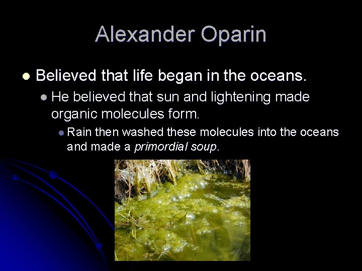 Alexander Oparin l Believed that life began in the oceans. l He believed that
