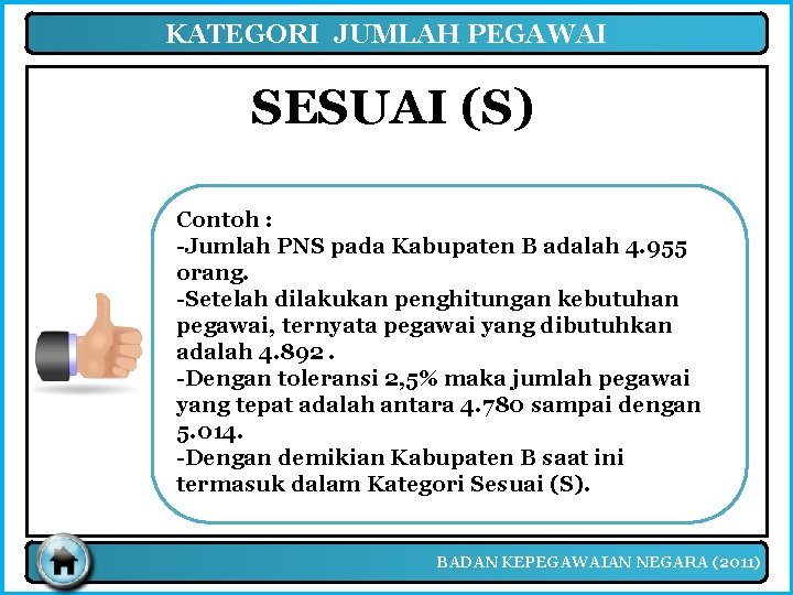 KATEGORI JUMLAH PEGAWAI SESUAI (S) Contoh : -Jumlah PNS pada Kabupaten B adalah 4.