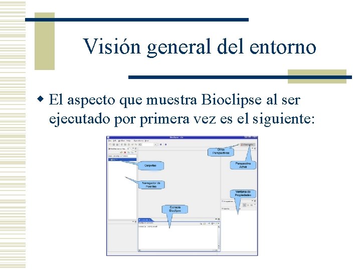 Visión general del entorno w El aspecto que muestra Bioclipse al ser ejecutado por