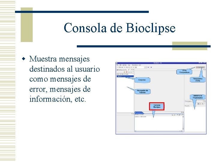 Consola de Bioclipse w Muestra mensajes destinados al usuario como mensajes de error, mensajes