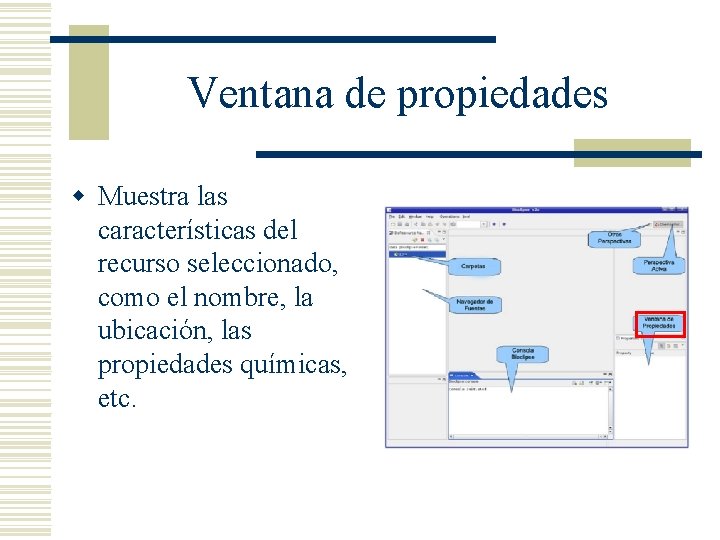 Ventana de propiedades w Muestra las características del recurso seleccionado, como el nombre, la