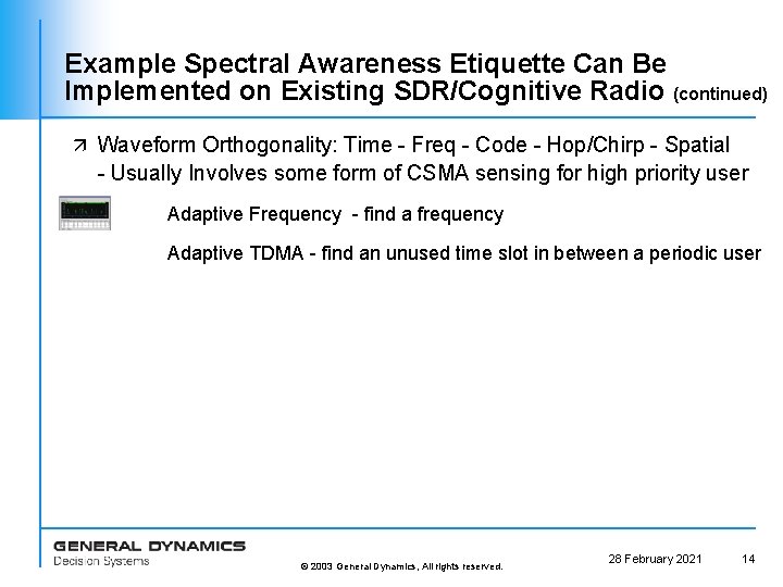 Example Spectral Awareness Etiquette Can Be Implemented on Existing SDR/Cognitive Radio (continued) ä Waveform