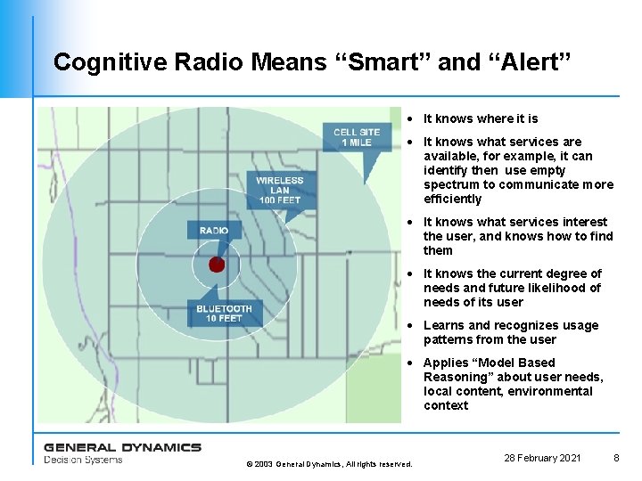 Cognitive Radio Means “Smart” and “Alert” · It knows where it is · It