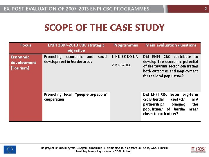 2 SCOPE OF THE CASE STUDY Focus Economic development (Tourism) ENPI 2007 -2013 CBC