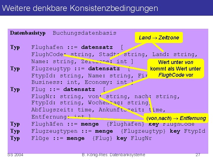 Weitere denkbare Konsistenzbedingungen Datenbasistyp Typ Typ Typ SS 2004 Buchungsdatenbasis Land Zeitzone Flughafen :
